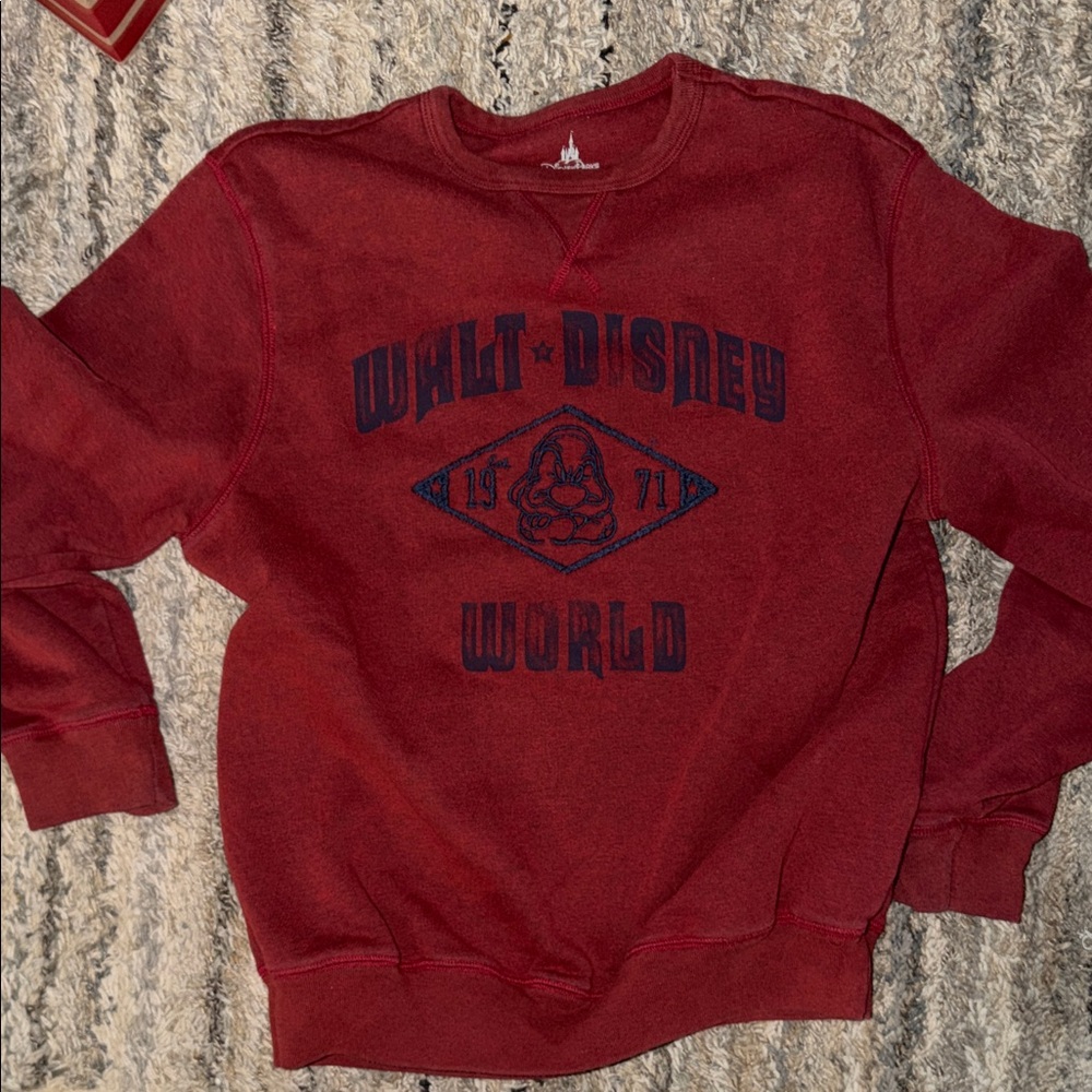 Disney Parks Grumpy Men's Crewneck Sweatshirt - Deep Red with Navy Logo